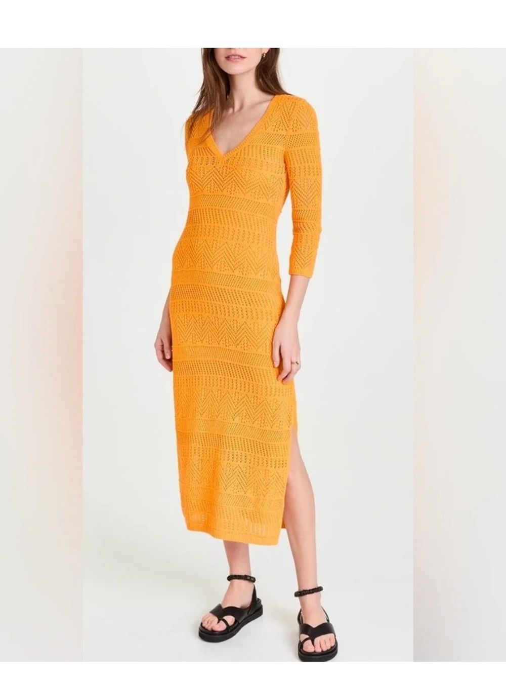 Rag & Bone Rene Pointelle Knit V‑Neck Midi Dress in deep yellow/orange.  EUC.
